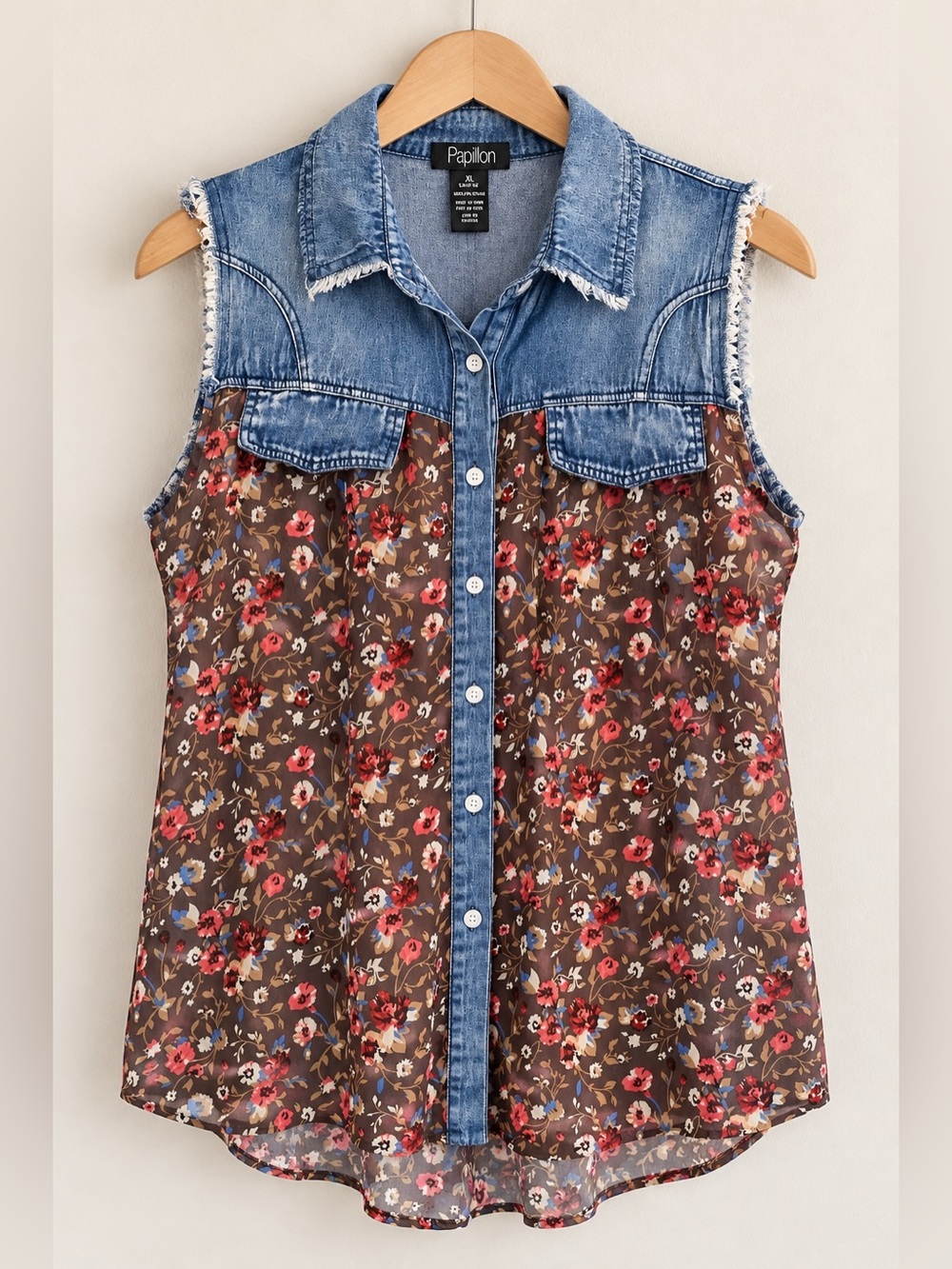 Papillon Denim Floral Chiffon Sleeveless Button Front Tank Top XL Butter Mom